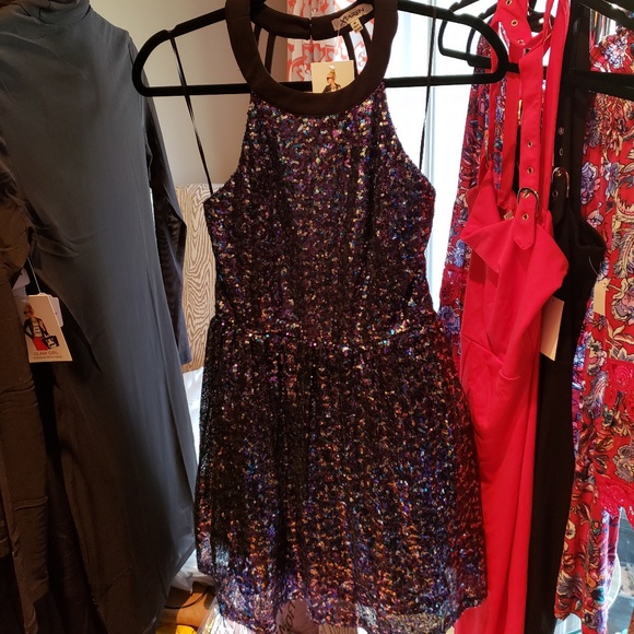 NWT Sassy Purple Sequined Cocktail Halter Bouffant Mini Dress, M - Picture 2 of 4